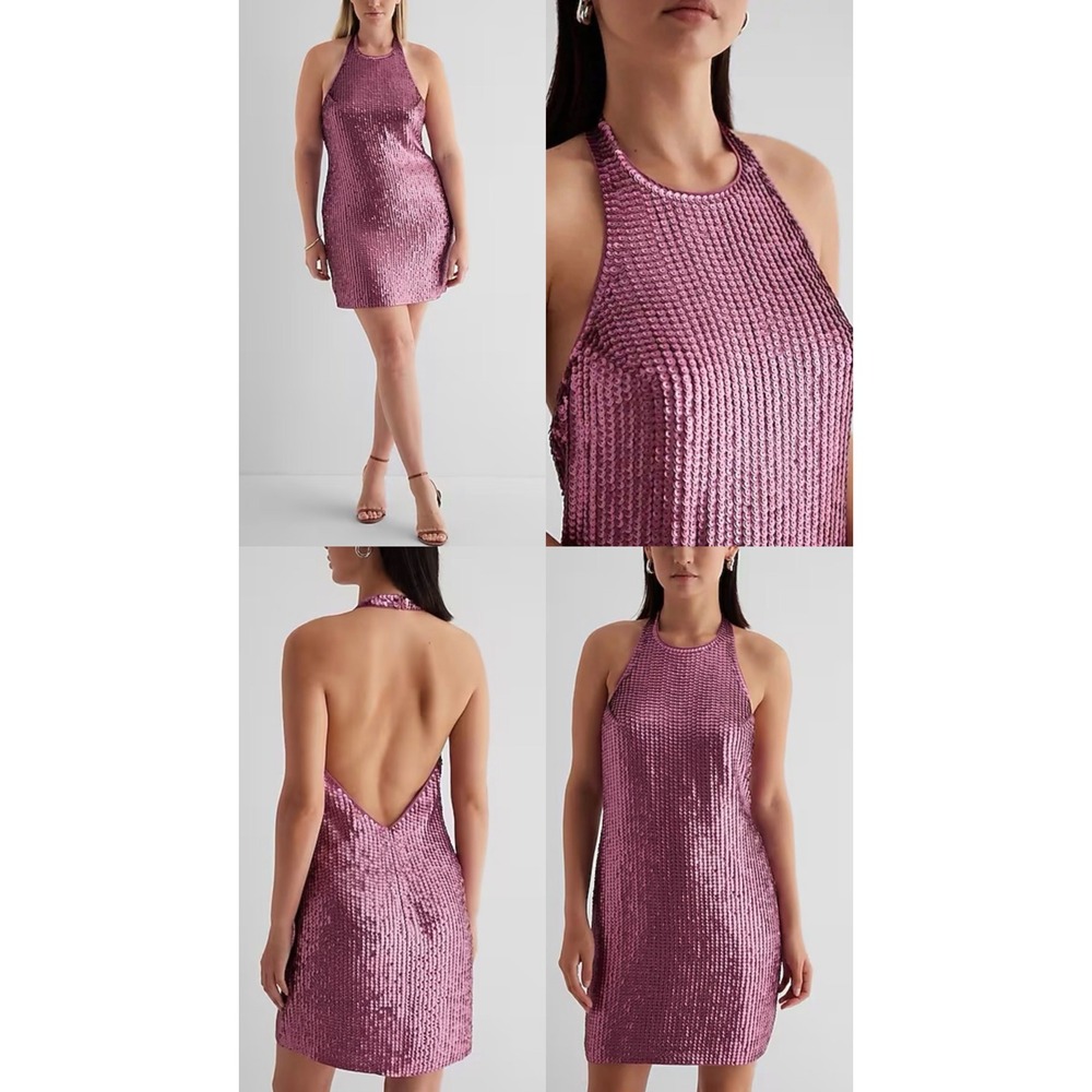 Express Sequin Halter Mini Dress XL Orchid Pink Open Back Party Cocktail 02504